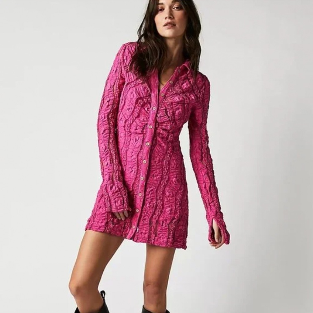 Free People “Shayla” Lace Mini Dress in Hot Barbie Pink Y2K Bohemian Size Medium